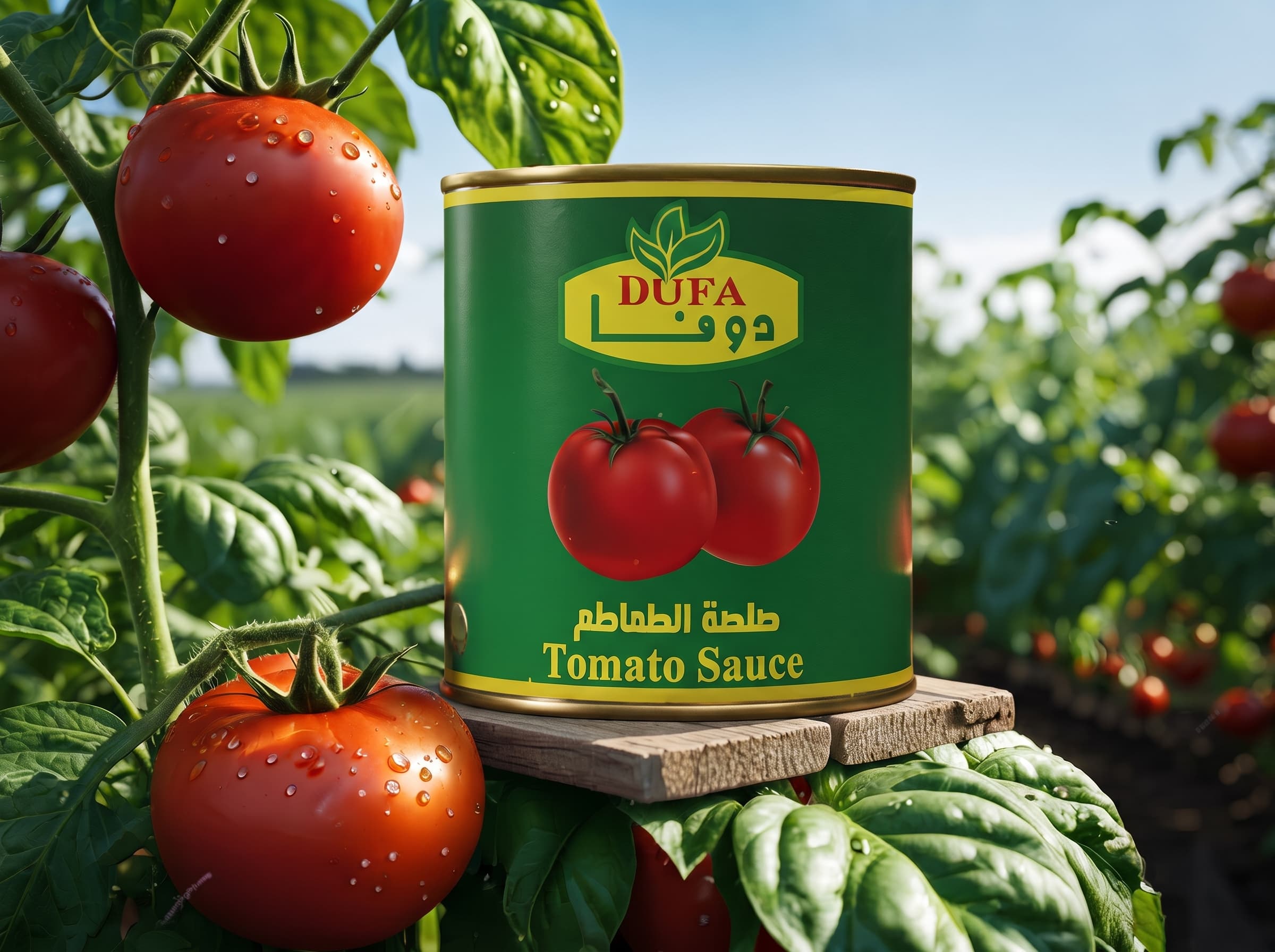 Dofa tomato sauce can in the tomato field