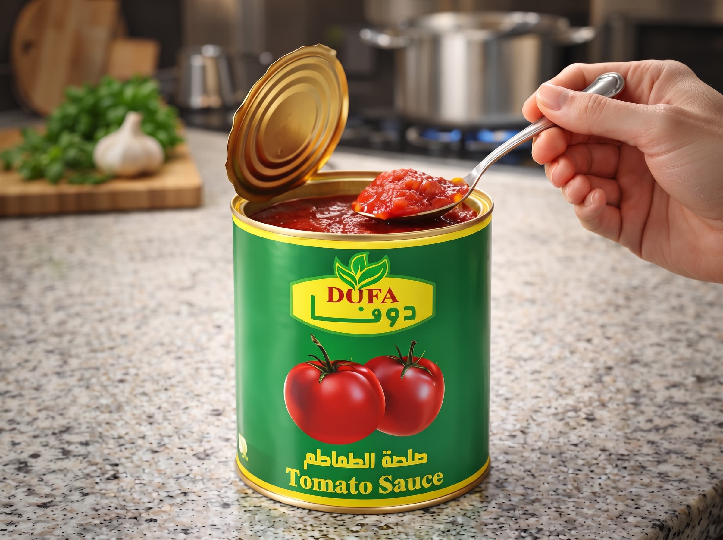 Dofa tomato sauce can being opened in the kitchen