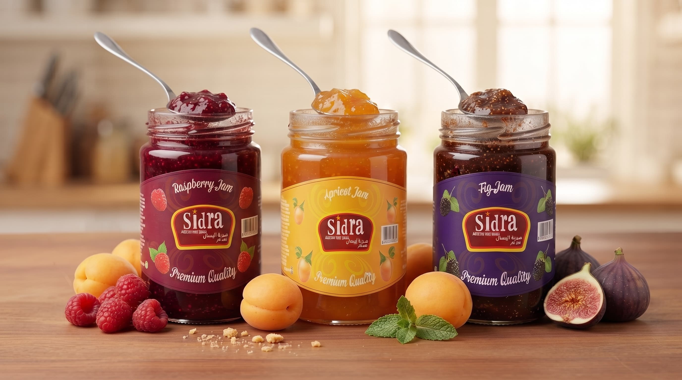 Sidra raspberry, apricot and fig jam jars